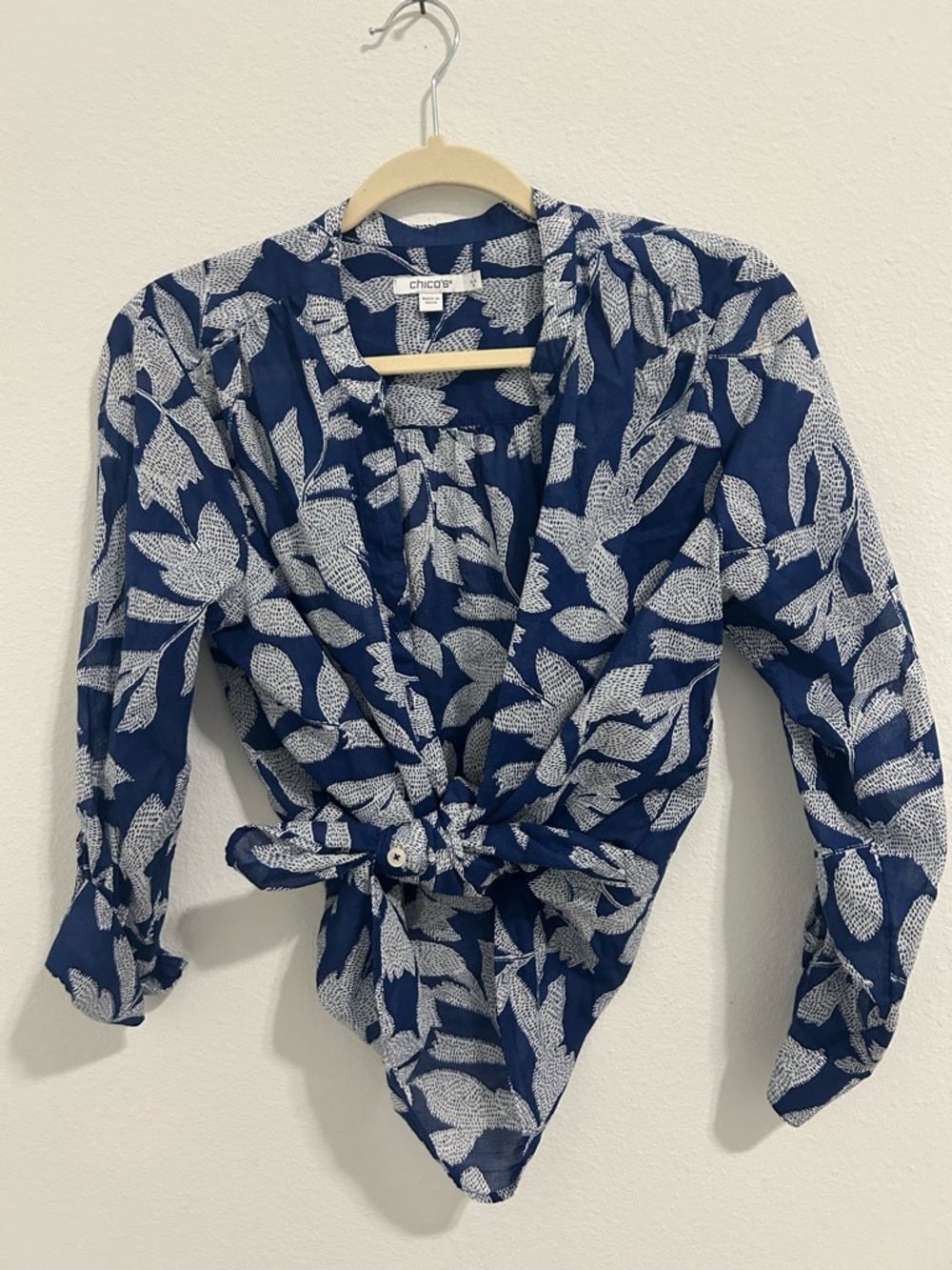 Chico's Navy Leaf-Print Tie Front Blouse